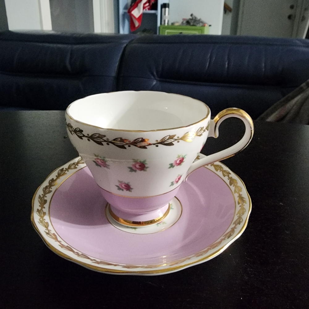 Vintage Bone China Teacup and Saucer Set in Pink and White with Gold Trim